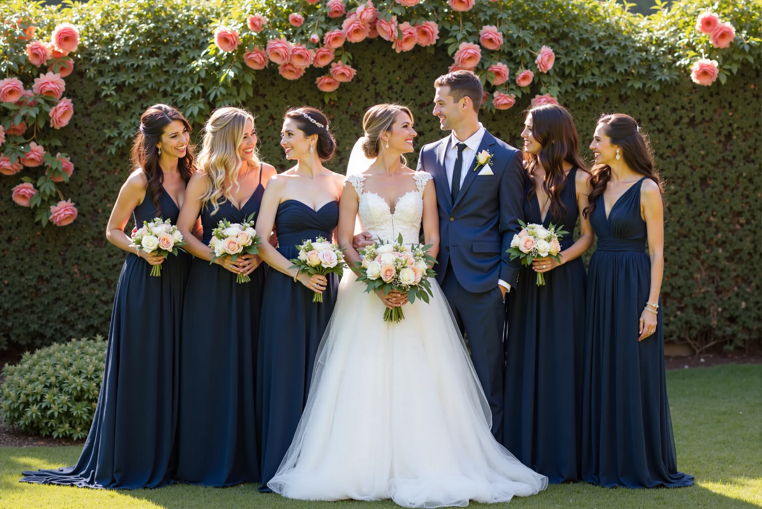 Bride and groom wedding photos alongside bridesmaids in navy blue dresses
