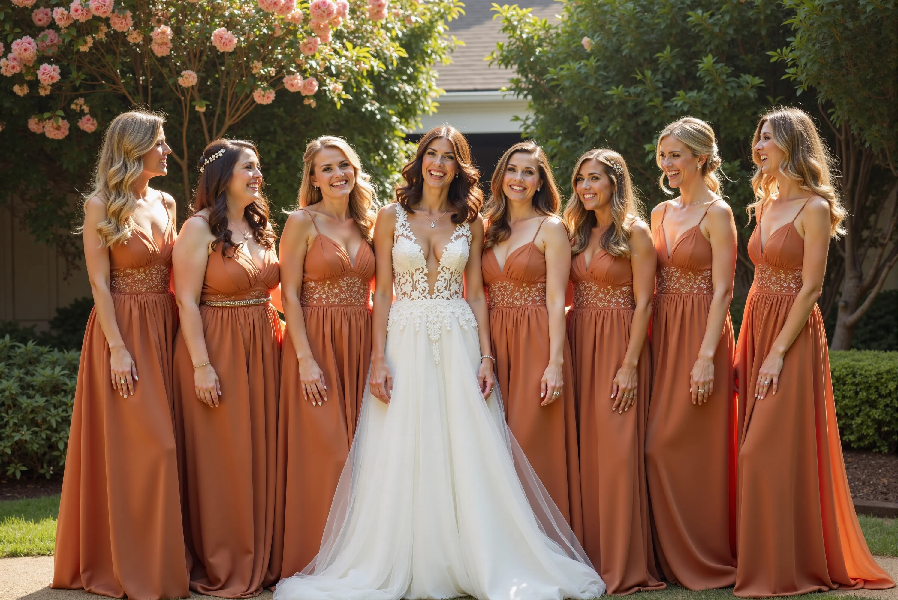 Elegant bride standing alongside her bridesmaids in terracotta dresses