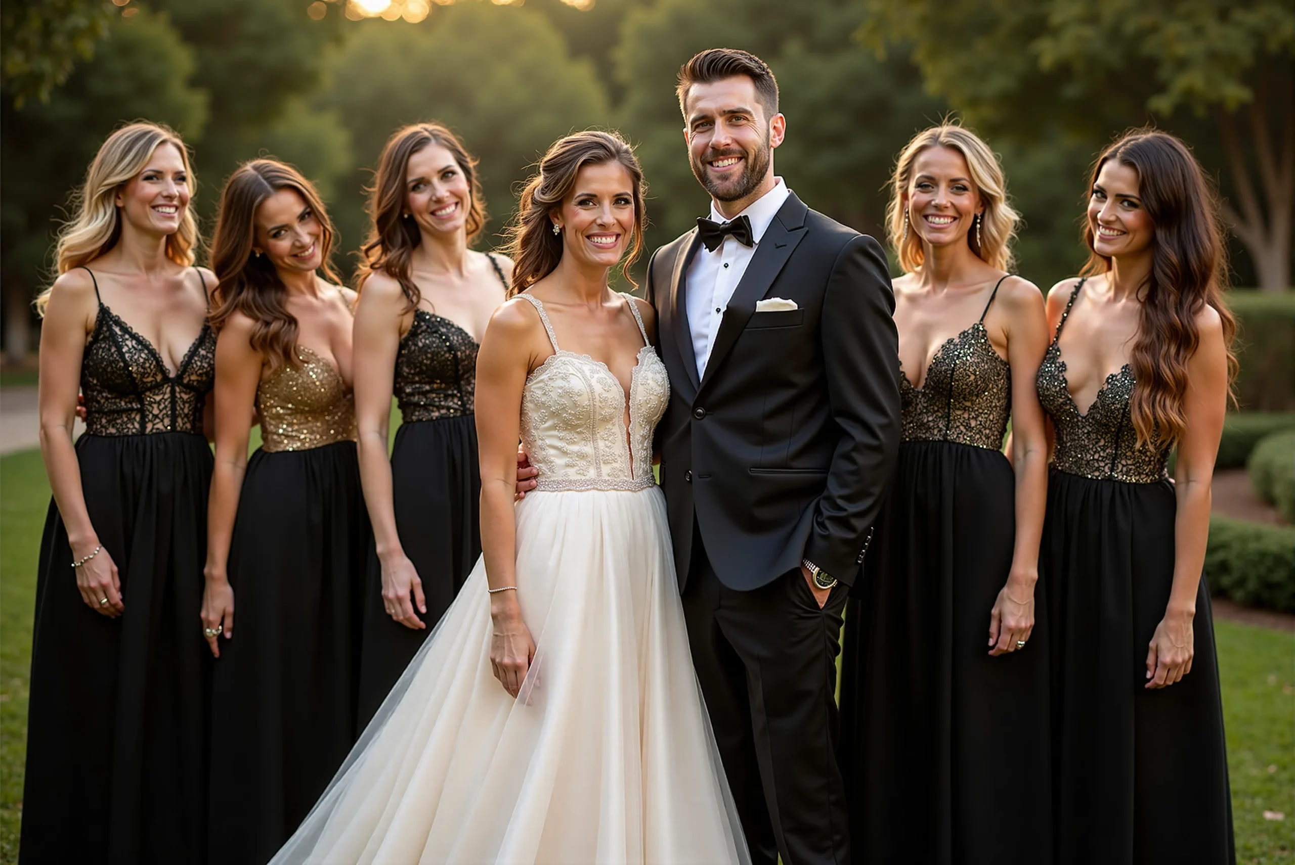 Bride and groom photos alongside black and gold bridesmaids