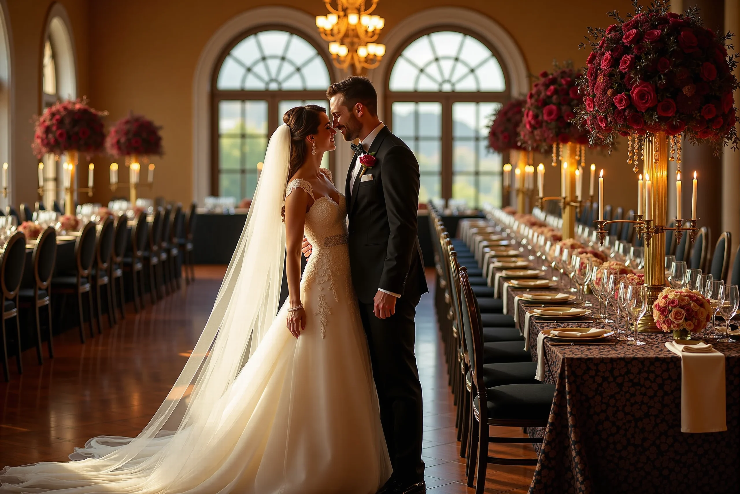 Bride and groom photo in black and gold themed wedding hall