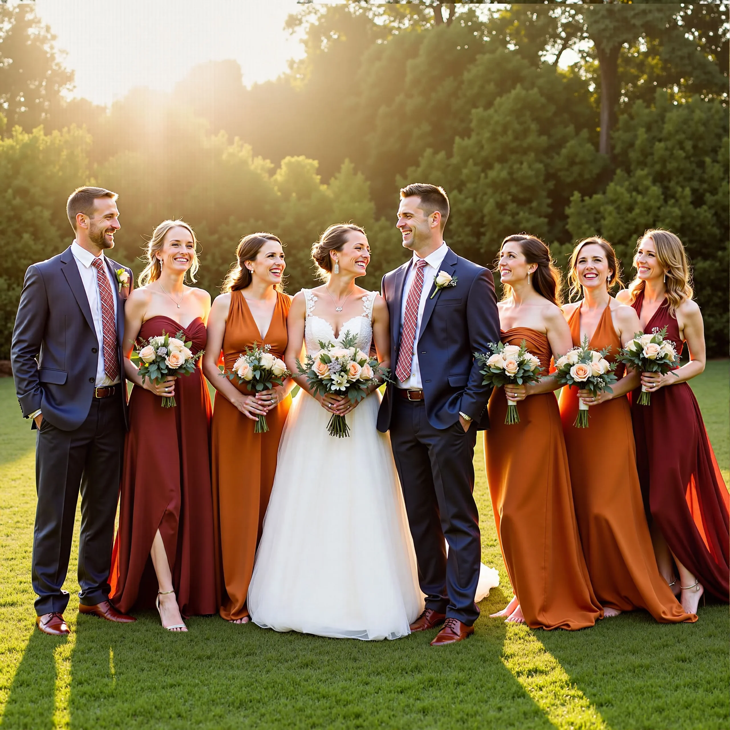 Groom and bride photo with bridesmaids and bestman