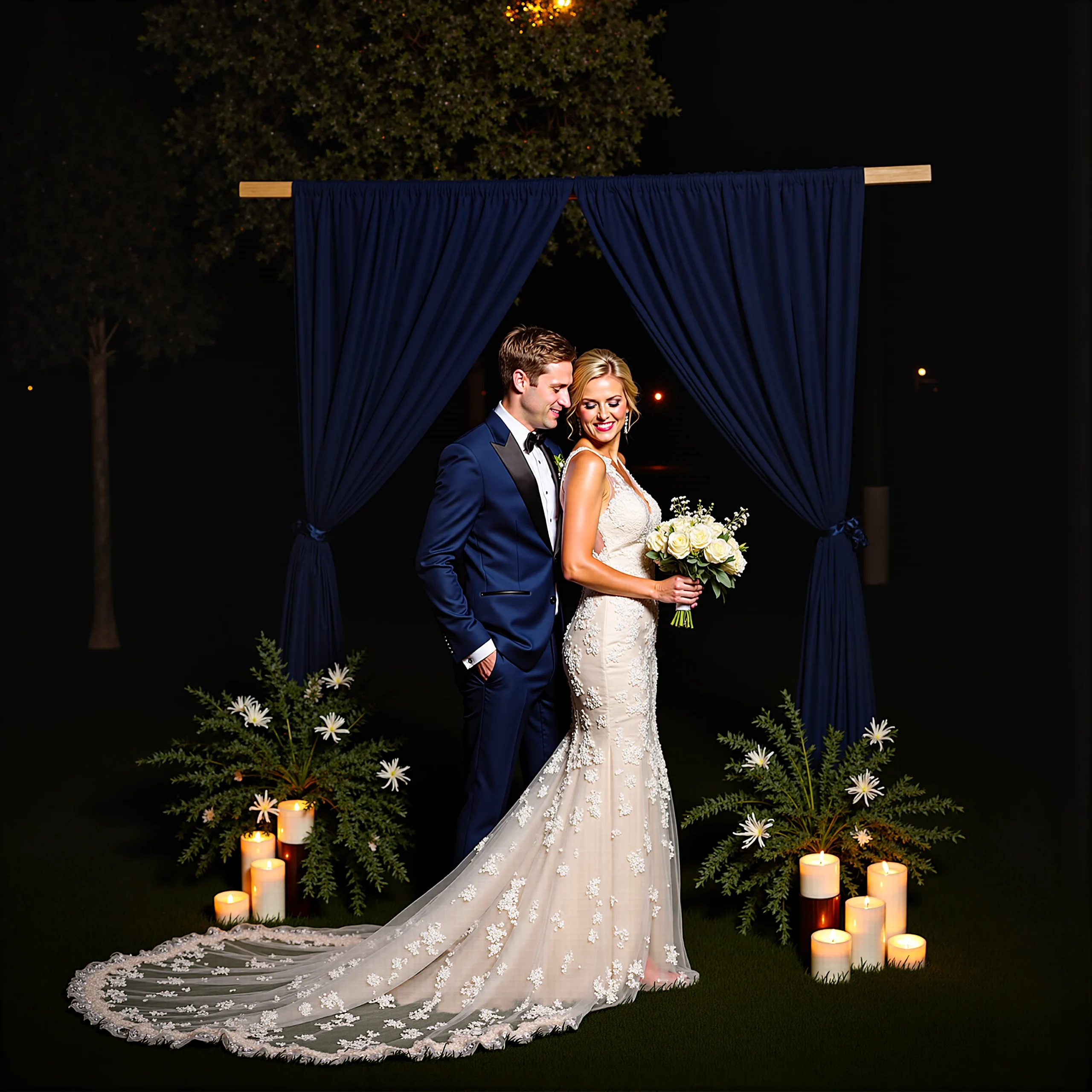 Elegant bride and groom wedding photo with a navy blue backdrop