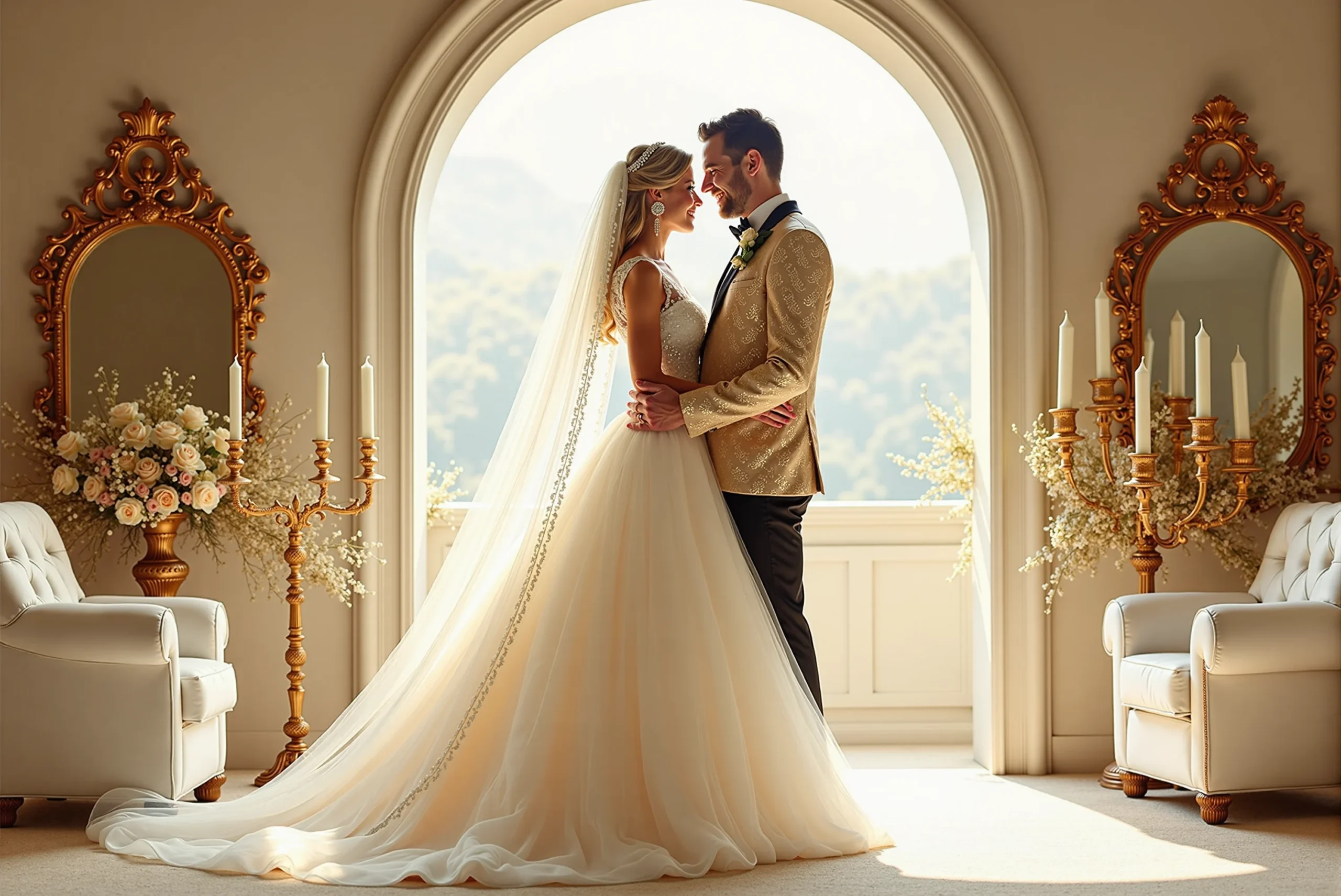 Elegant bride and groom wedding photo in a white and gold themed room