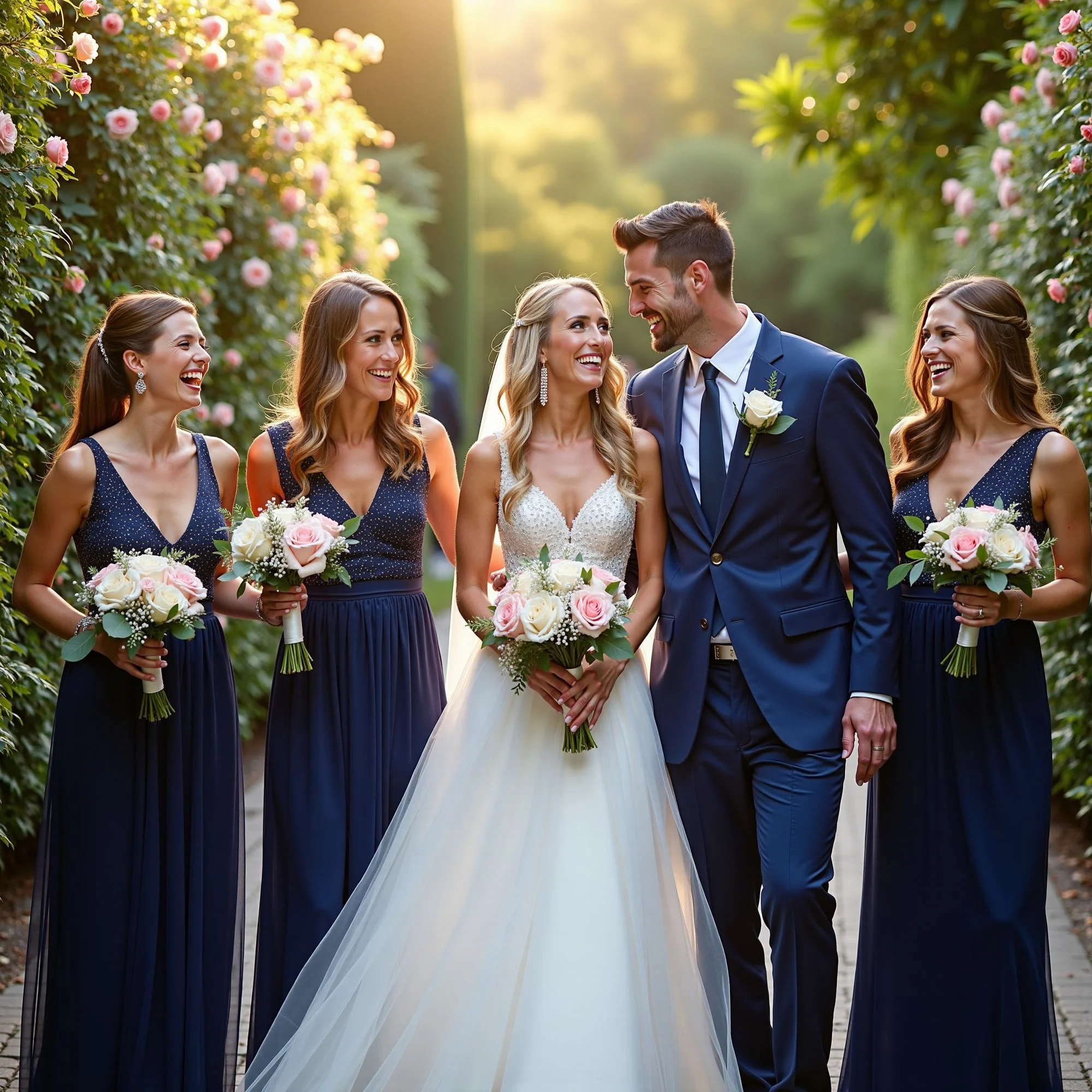 Bride and groom standing alongside bridesmaids with navy blue dresses