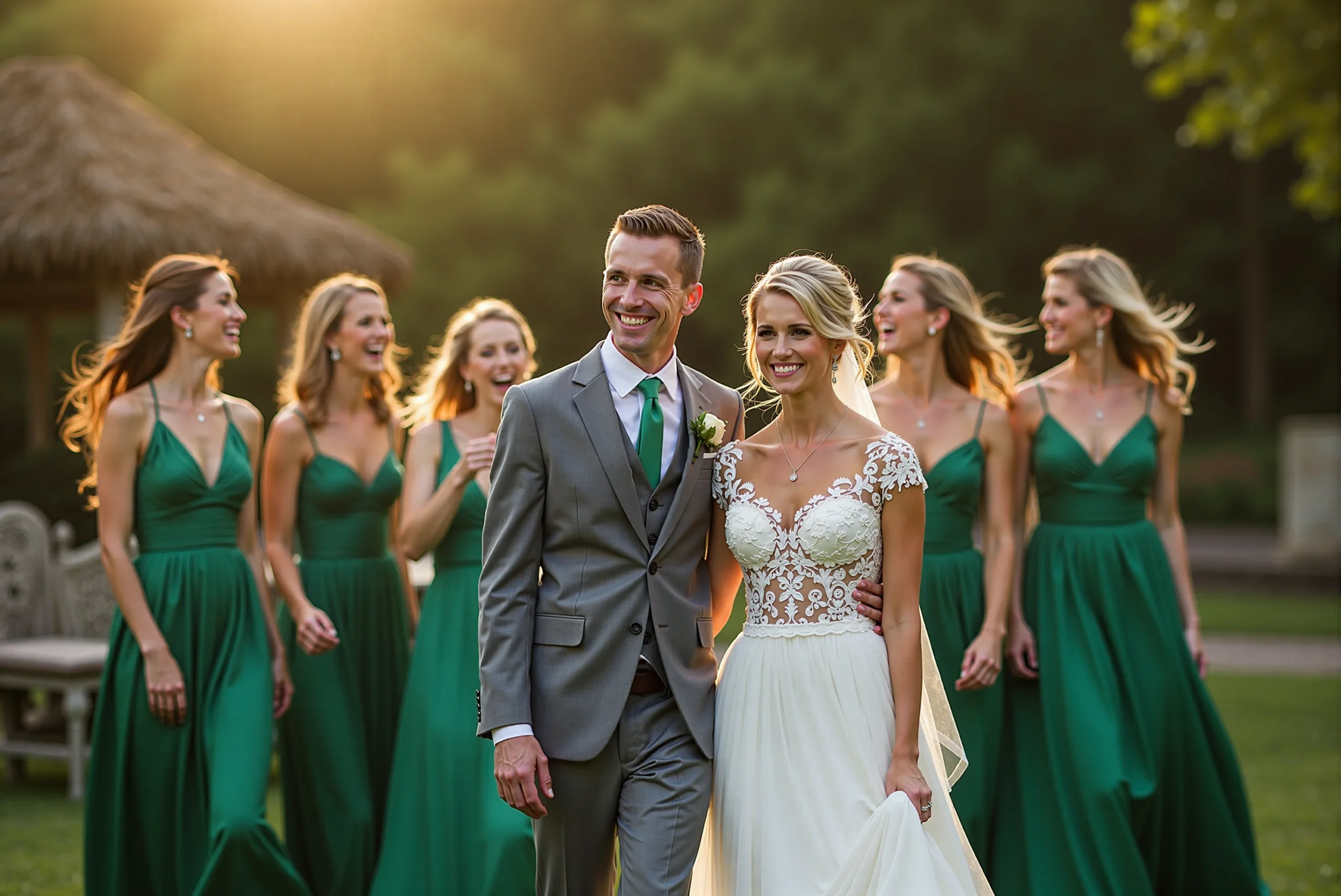 Wedding photos with emerald green bridesmaids