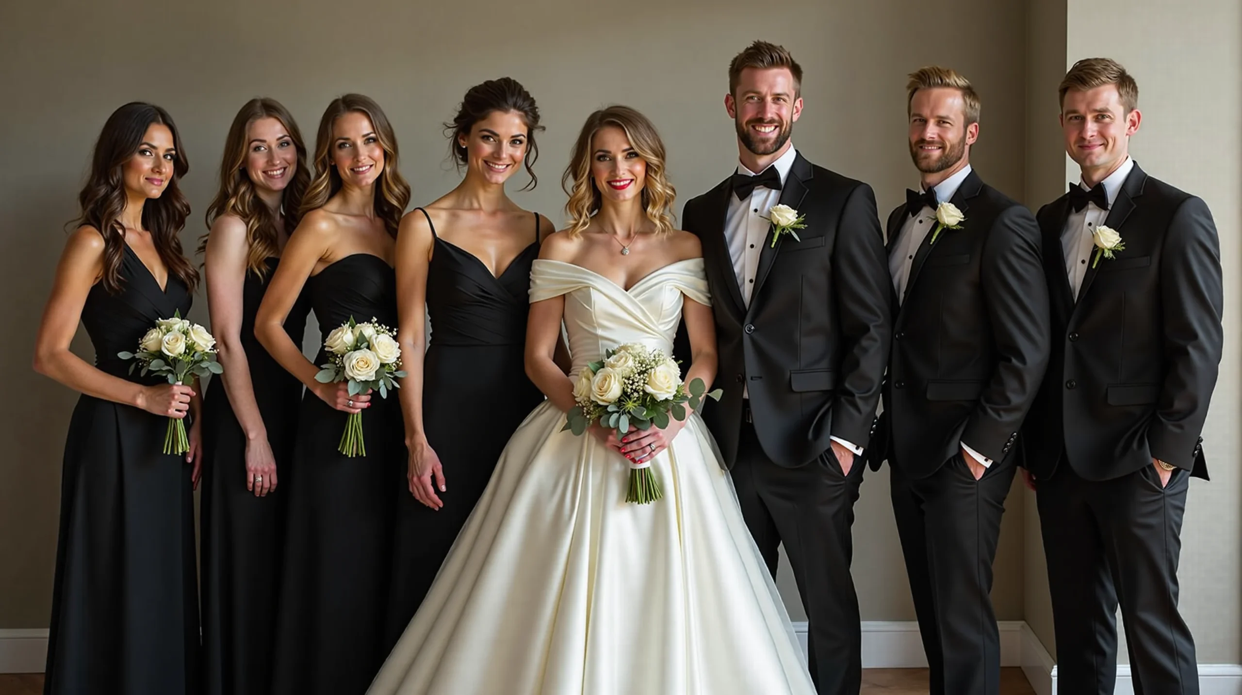 Monochrome wedding party photo