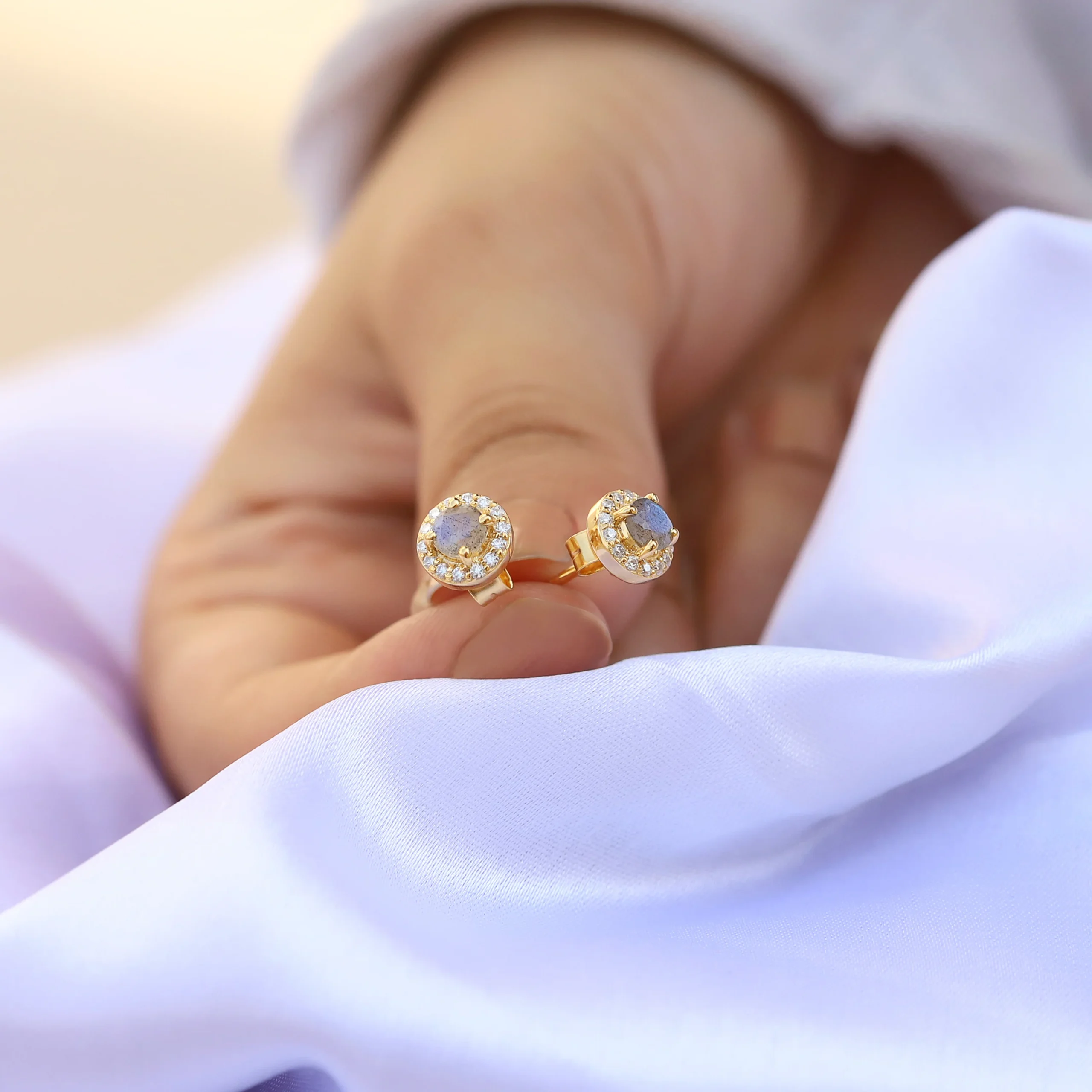 Capucinne Blue Circle Stud Earrings with Moissanite Halo