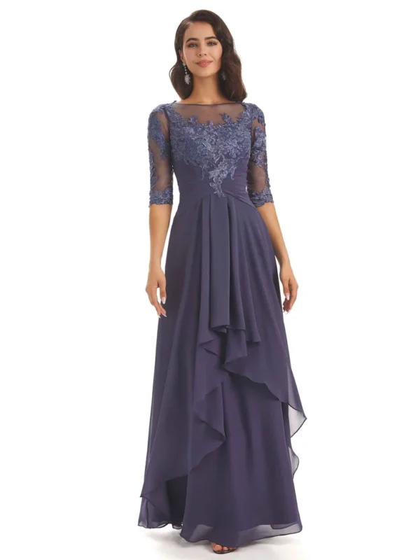 Chicsew Half Sleeves Appliques Chiffon Elegant Floor-length Dress