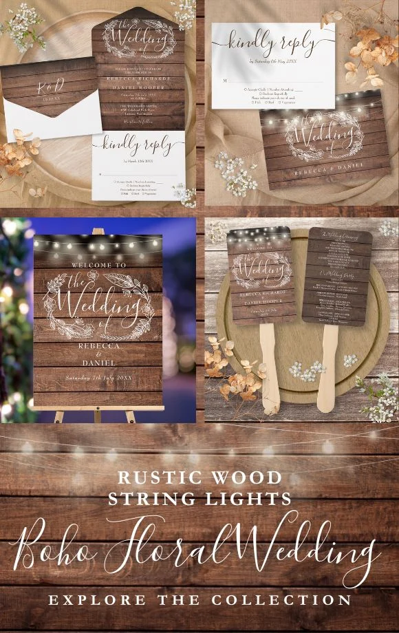 Rustic Wood Floral String Lights Script Wedding Suite Cover Image