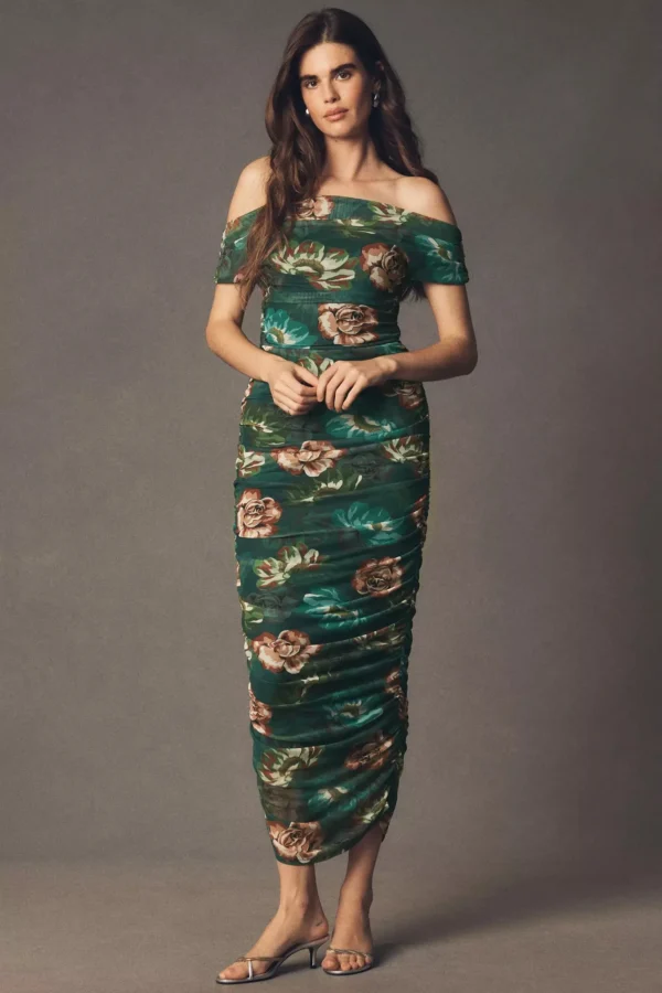 BHLDN Off-Shoulder Gathered Stretch Mesh Slim Midi Dress