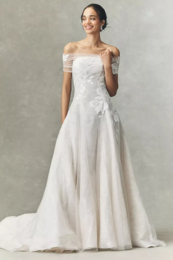 Jenny by Jenny Yoo Carmella Off-Shoulder Appliqué Lace A-Line Wedding Gown