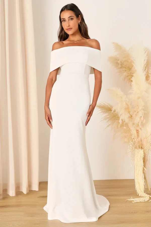 Lulus Exceptional Romance White Off-the-Shoulder Mermaid Maxi Dress