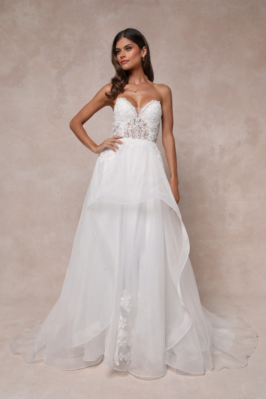 Lulus White Embroidered Organza Strapless A-Line Gown