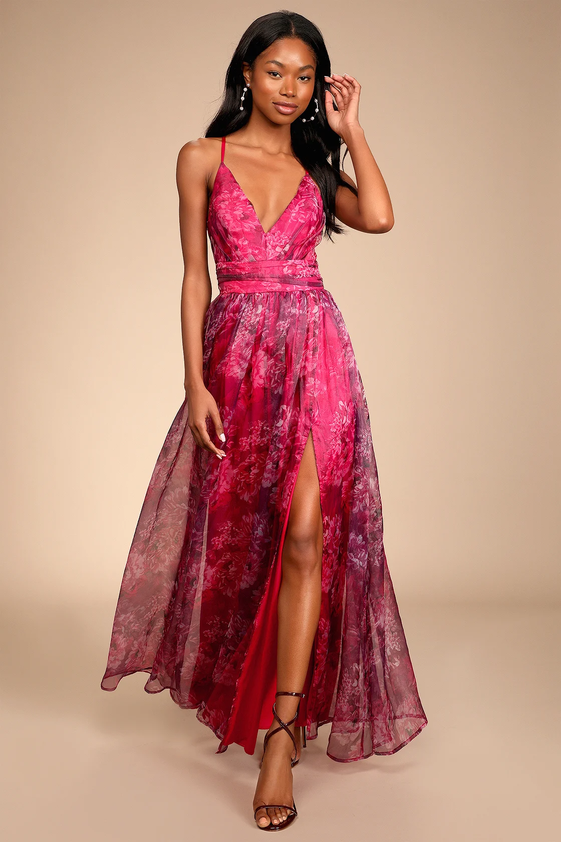 Lulus Magenta Floral Print Organza Maxi Dress