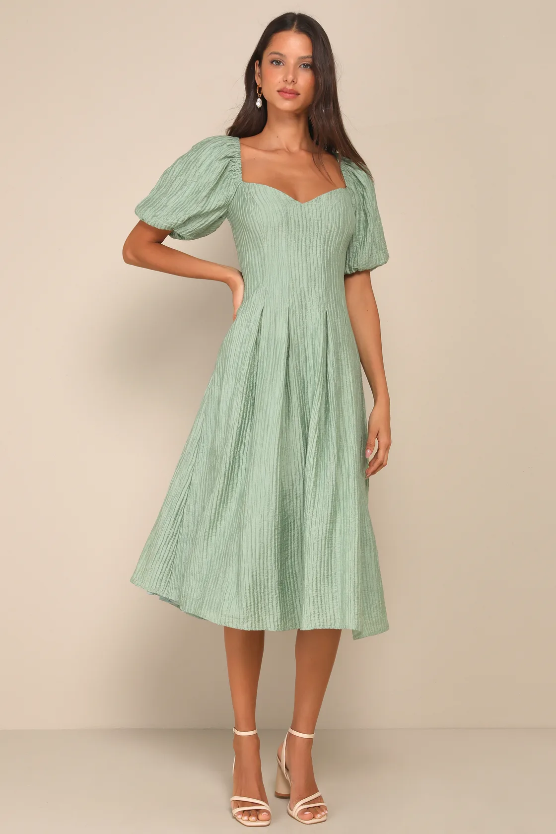 Lulus Sage Textured Puff Sleeve Pleated Midi Dress Front