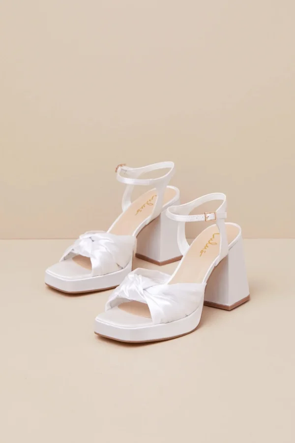 Lulus Remie White Satin Knotted Platform High Heel Sandals