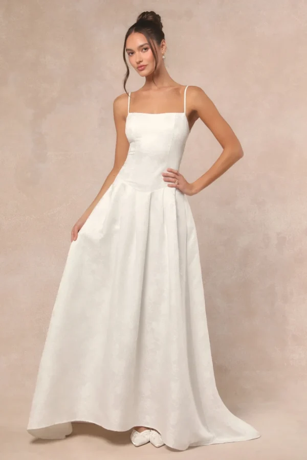 Lulus Arabella White Jacquard Basque Waist Maxi Dress