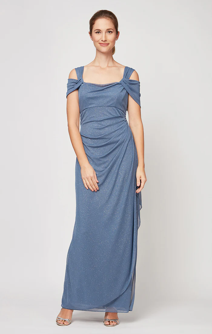 Alex Evenings Cold Shoulder Glitter Mesh Dress with Draped Skirt & Cowl Neckline