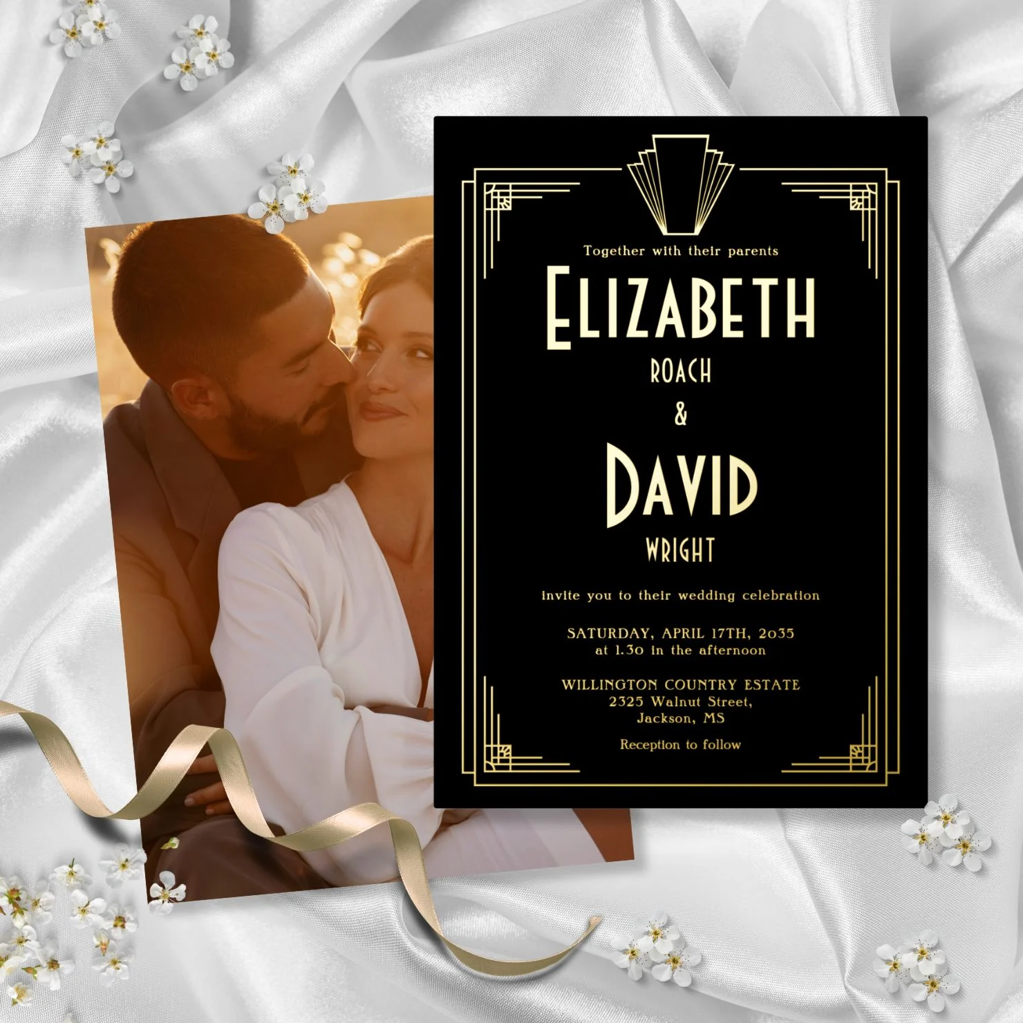 1920s Art Deco Photo Wedding Black And White Foil Invitation