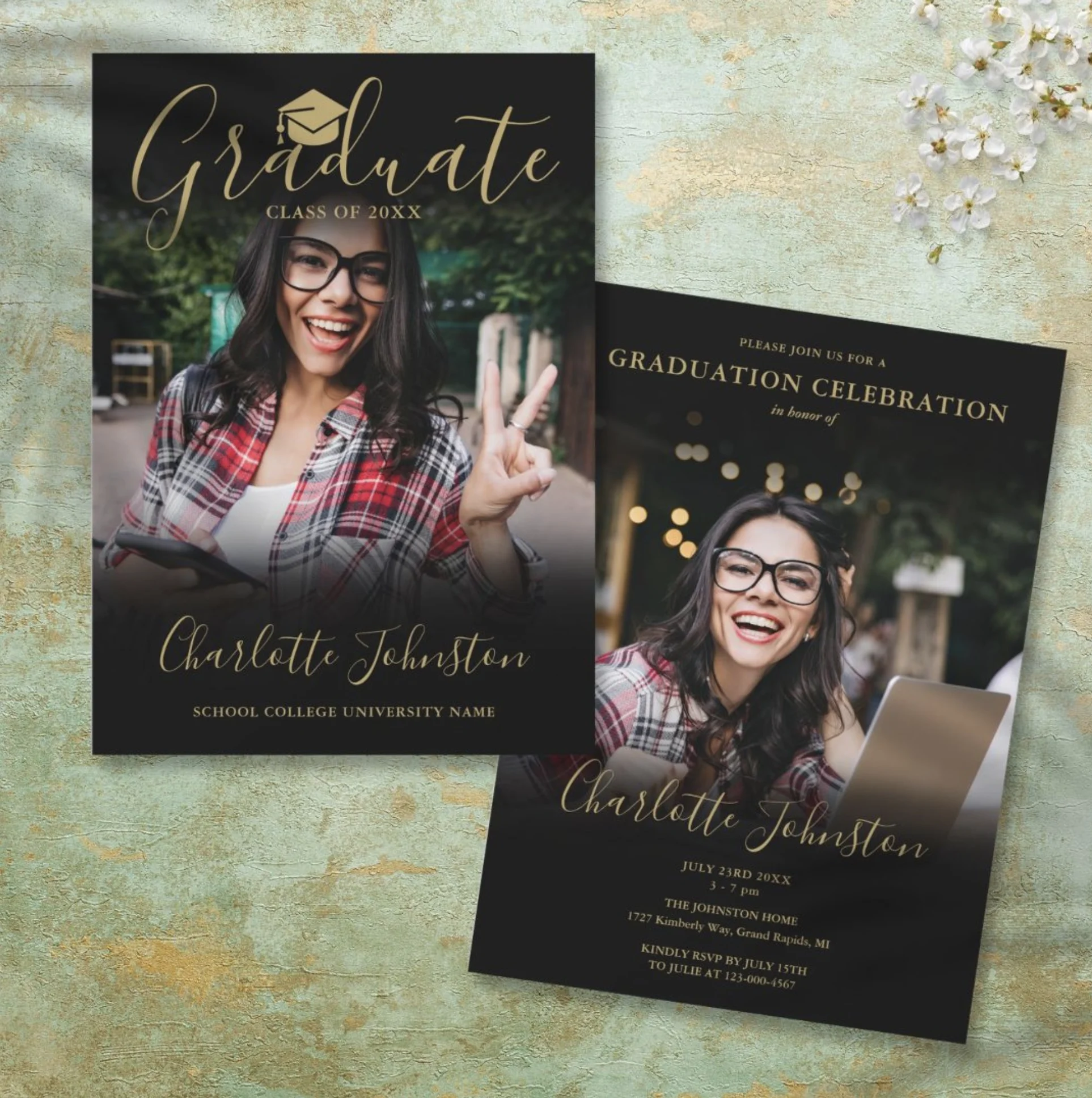 2 Photo Black Gold Script Photo Graduation Party Invitation