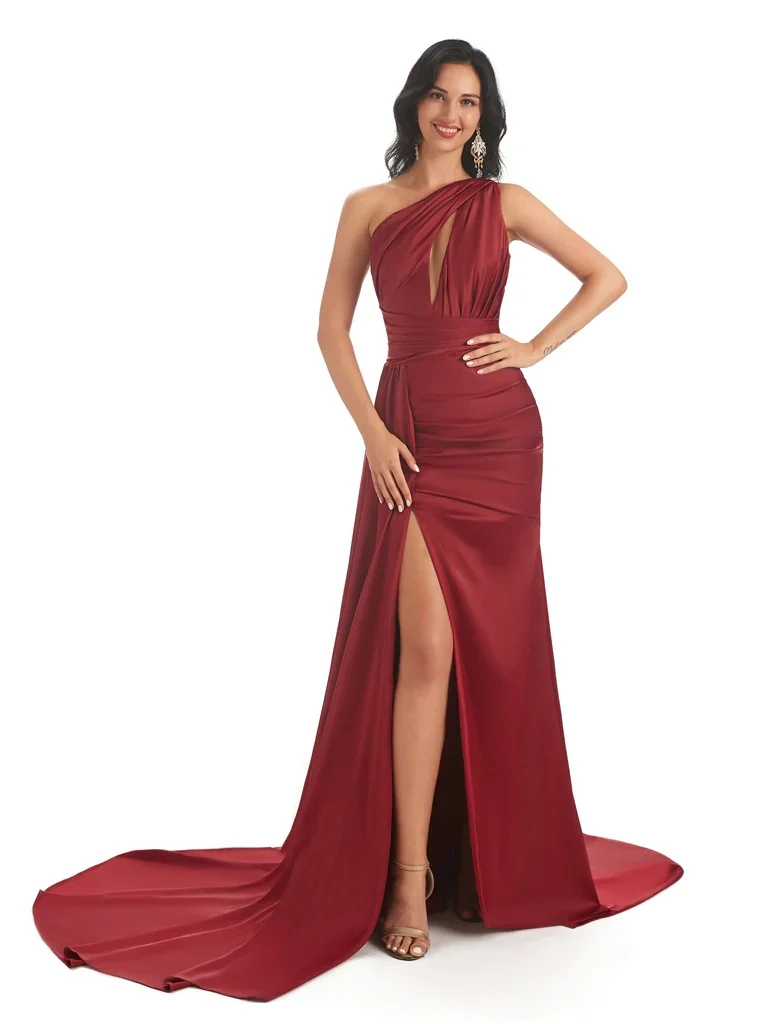 ChicSew Soft Satin Side Slit One Shoulder Mermaid Long Bridesmaid Dress