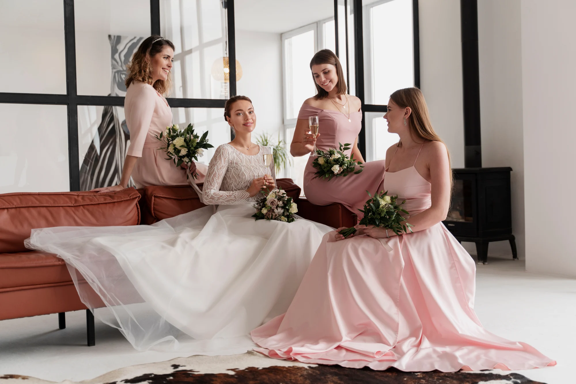 Bride preparing for wedding with bridesmaids