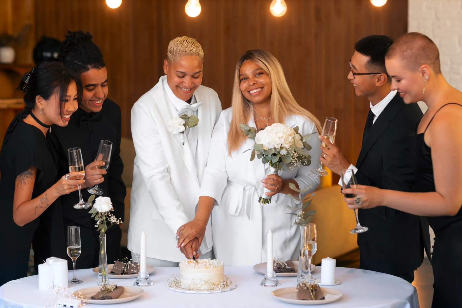 Couple cutting cake at their wedding