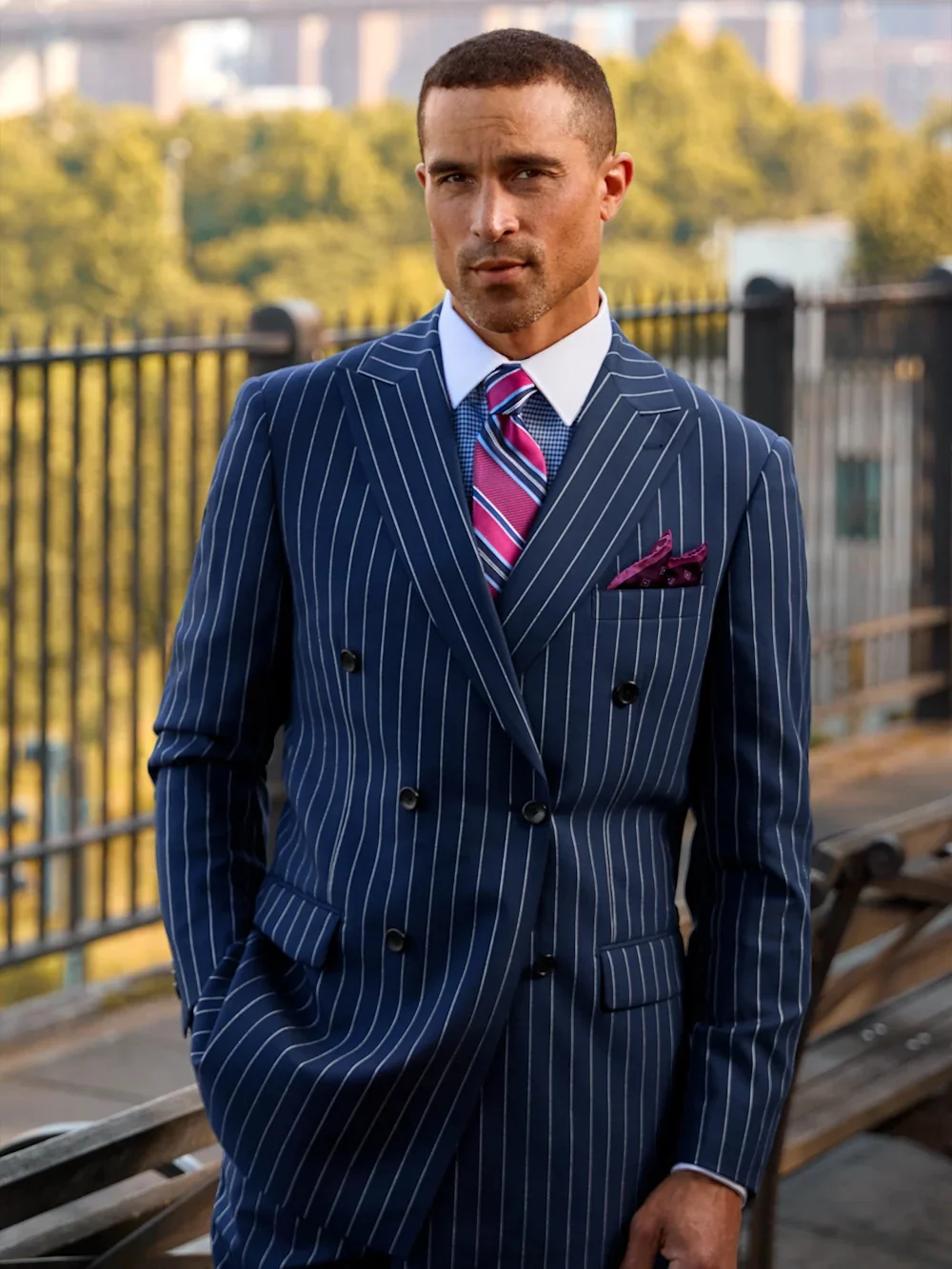 Paul Fredrick Wool Stretch Stripe Double Breasted Peak Lapel Suit In Situ