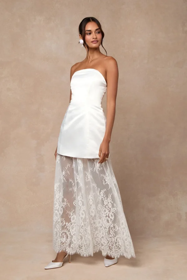 Lulus Winslet White Satin Sheer Hem Strapless Maxi Dress