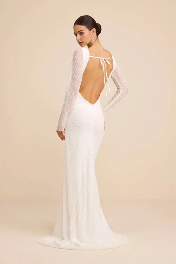 Lulus Mariani White Sequin Beaded Backless Long Sleeve Maxi Dress Back