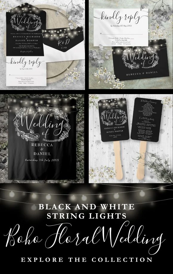 Black And White String Lights Foliage Wedding Suite