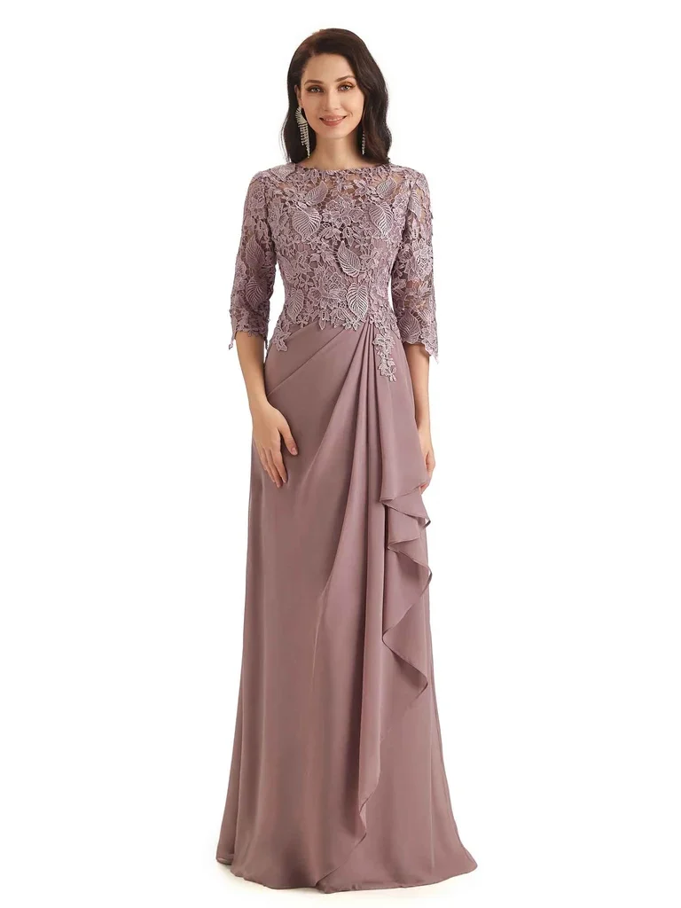 Chicsew Elegant Chiffon Half Sleeves Lace Long Dress