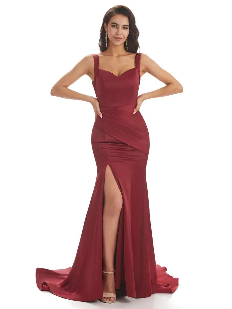 Chicsew Soft Satin Side Slit Straps Square Floor-Length Mermaid Bridesmaid Dress