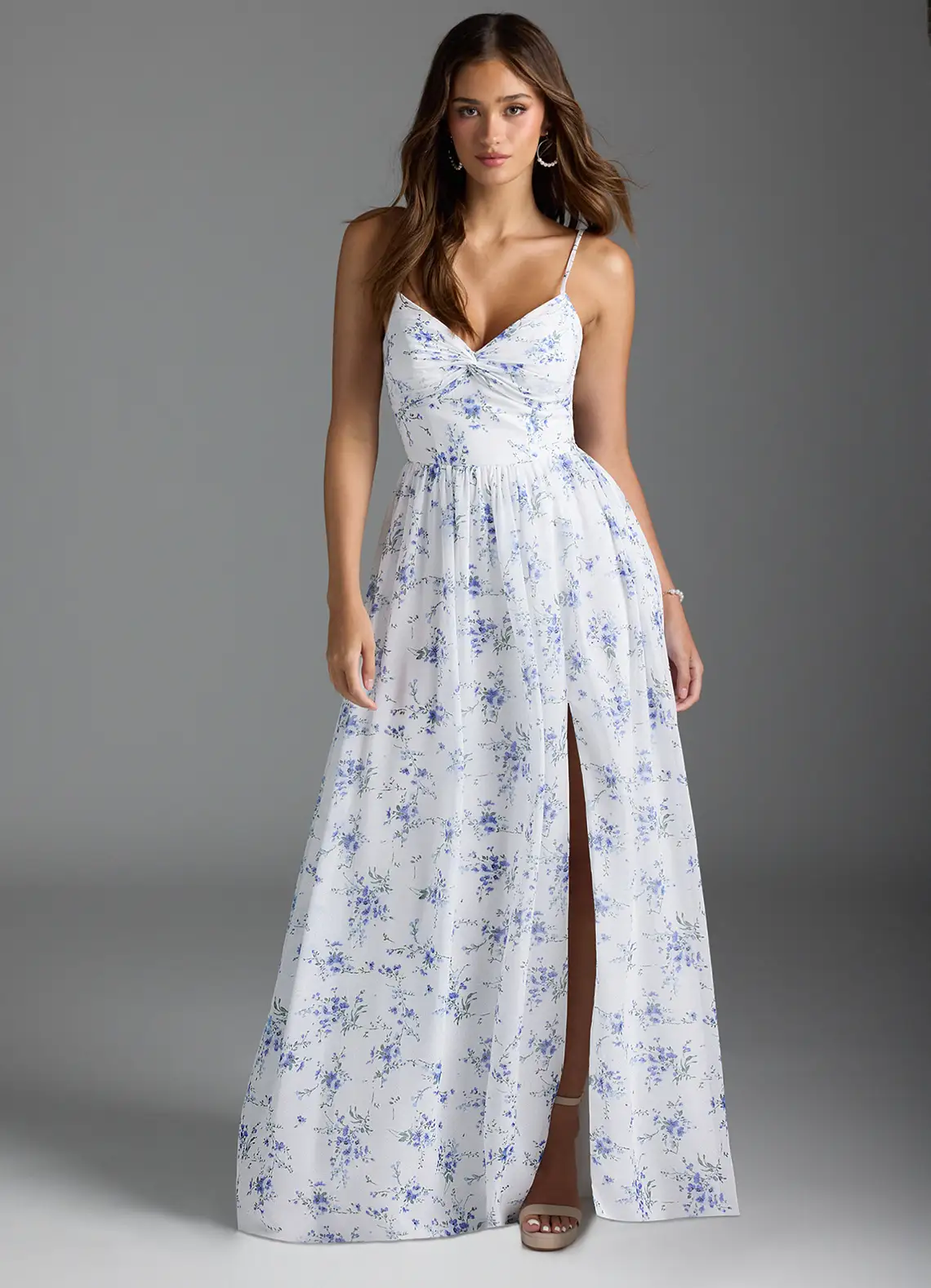 AZAZIE ZEYA Blue Cottage Floral A-Line V-Neck Pleated Chiffon Dress