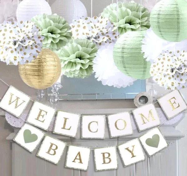 Baby Shower Welcome Baby Banners Paper Lantern Paper Flower Pom Poms