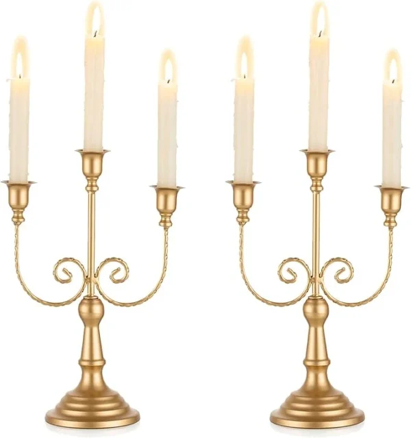 3 Arm Candelabra Gold Candlestick Holder, Set of 2