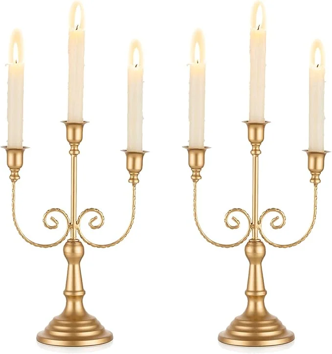 3 Arm Candelabra Gold Candlestick Holder, Set of 2