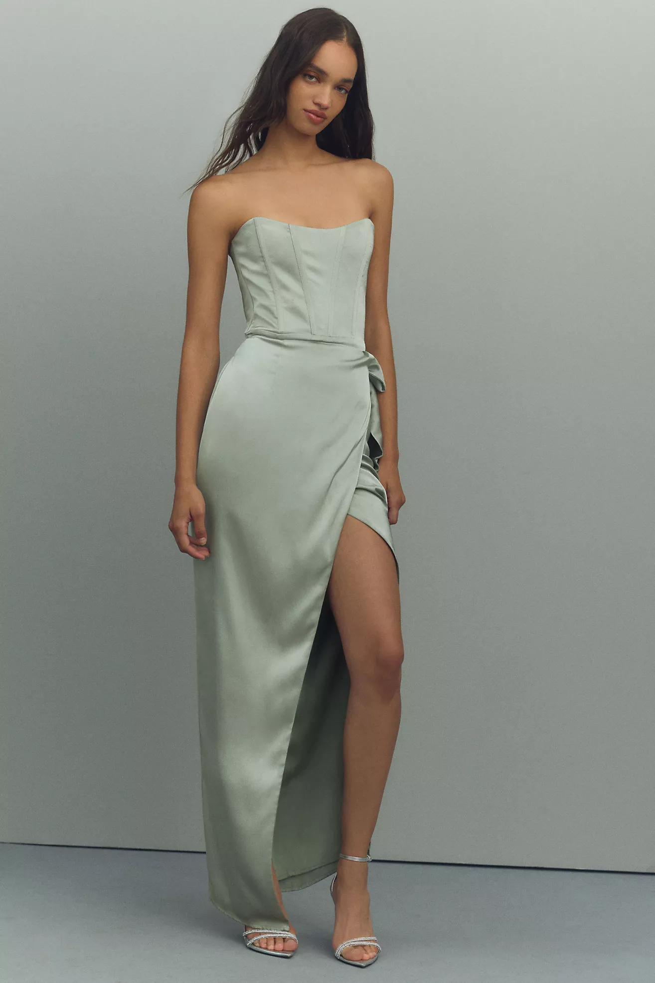 V. Chapman June Corset Jacquard Front-Slit Gown Front