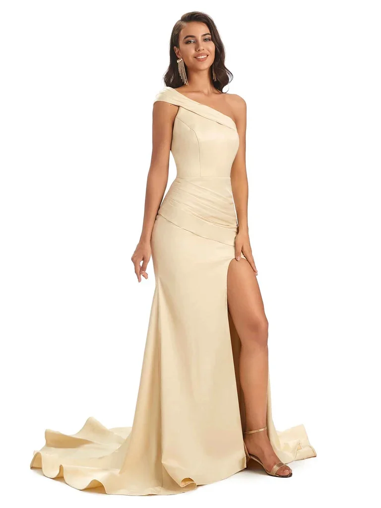 Chicsew Soft Satin Side Slit One Shoulder Long Mermaid Bridesmaid Dress