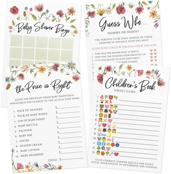 Floral Design 4 Printed Party Baby Shower Games