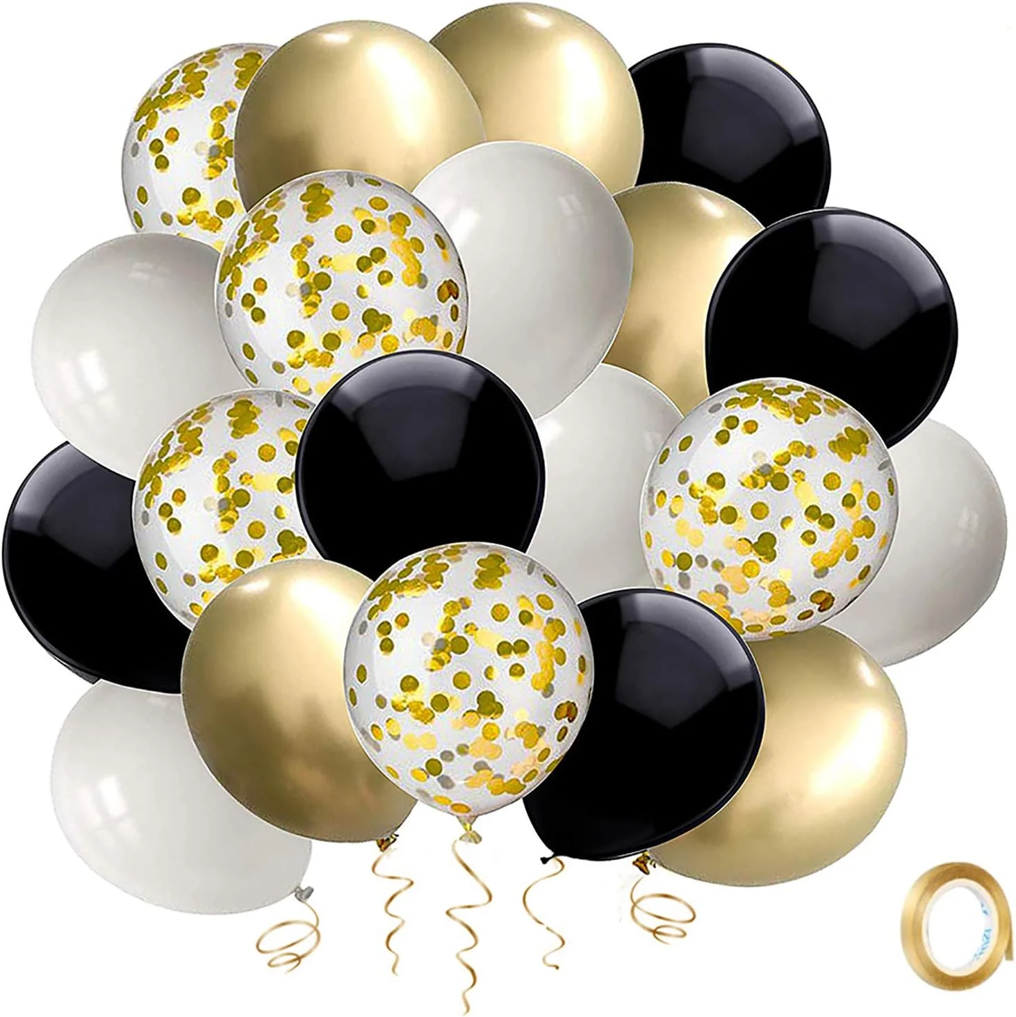 Black and Gold Confetti Balloons, 50 Pack 12inch White Latex Party Balloon Set