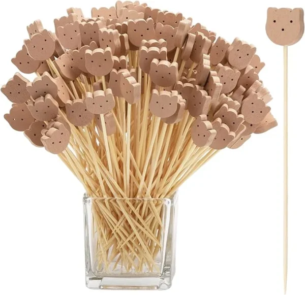 200 Pcs Bear Face Cocktail Picks 4.7 Inch Eco Friendly Bamboo Appetizer Sticks