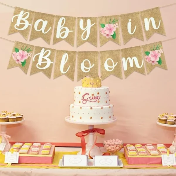 2Pcs Floral Baby in Bloom Baby Shower Burlap Banner In Situ