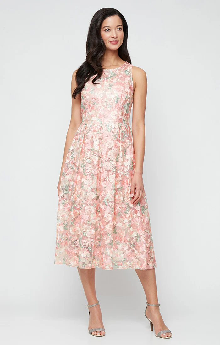 Alex Evenings Sleeveless Midi Embroidered A-Line Dress with Illusion Neckline