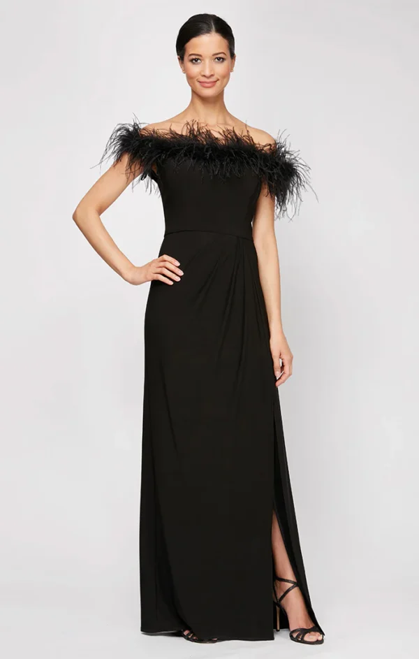 Alex Evenings Long Off-the-Shoulder Jersey Gown with Front Slit & Maribou Detail Neckline