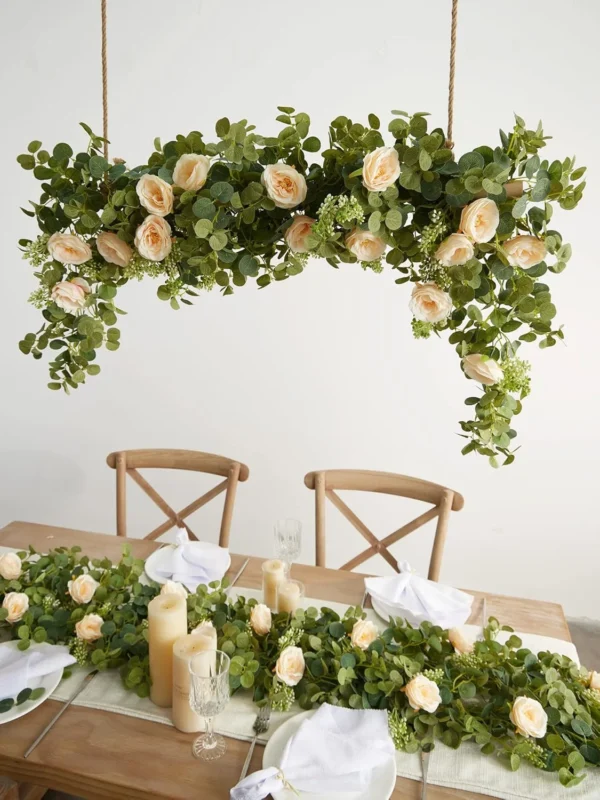 PARTY JOY 6.56ft Eucalyptus Garland with Flowers-8 Champagne Roses-Lush