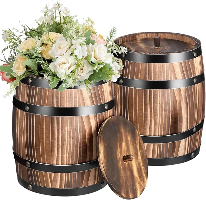 2 Pcs Wood Wine Barrel Vase 8" x 6.5" Vintage Flower Vase Container