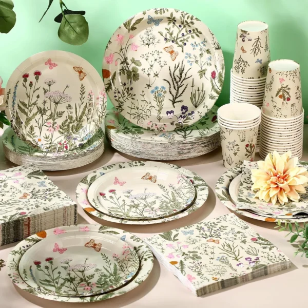 250 Pcs Floral Disposable Tableware Set Spring Floral Paper Cups Plates and Napkins Wildflower