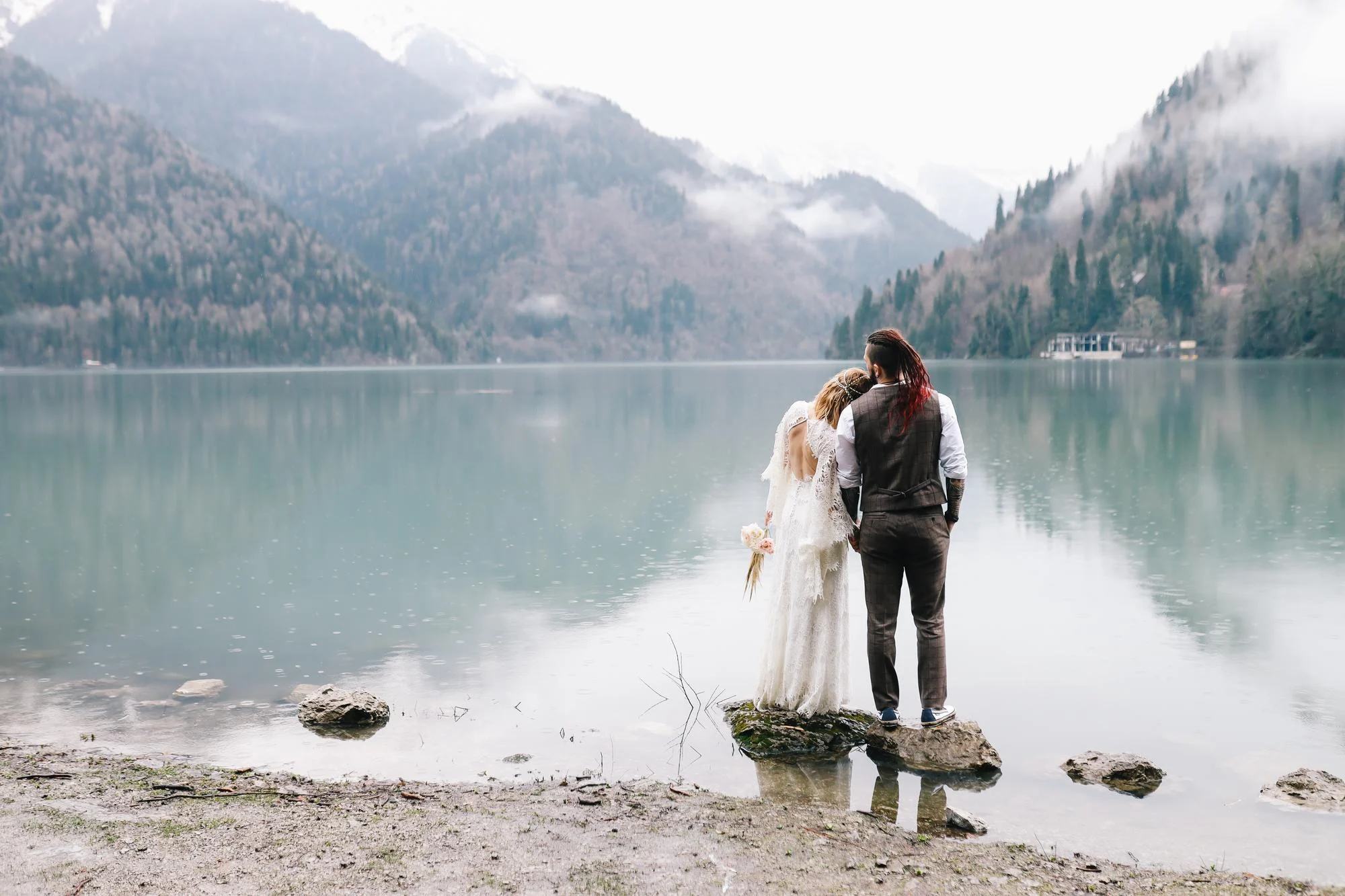 Elopement photo in lake and mountain setting