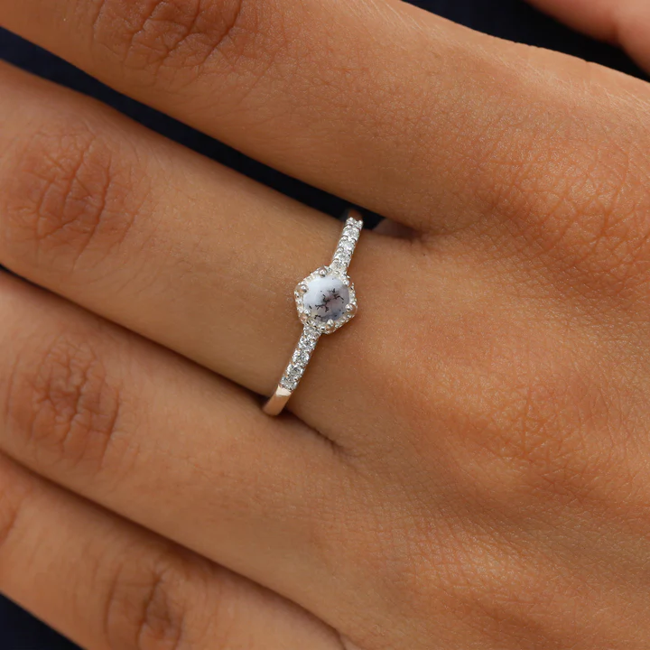 Capucinne Blue Round Dendritic Opal Ring with side Moissanite